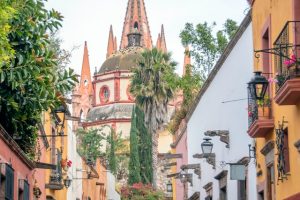 View of a chapel from a street in San Miguel de Allende